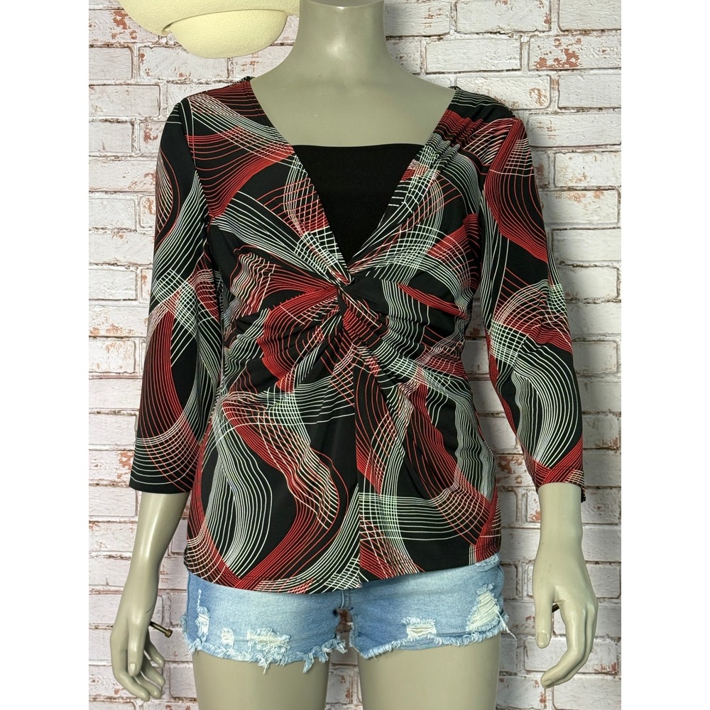 Solutions by Harve Benard Red Black Geometric Twist Front 3/4 Sleeve Blouse L